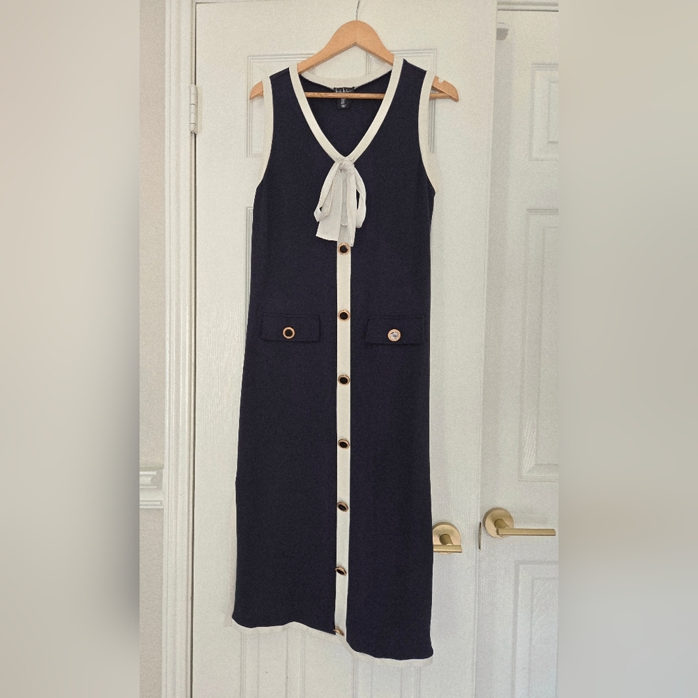 Nicole Miller Navy and Cream Button-Front Midi Dress
